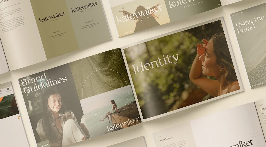 Visual identity design showing brand colours, typography, logo styles, and supporting graphic elements.